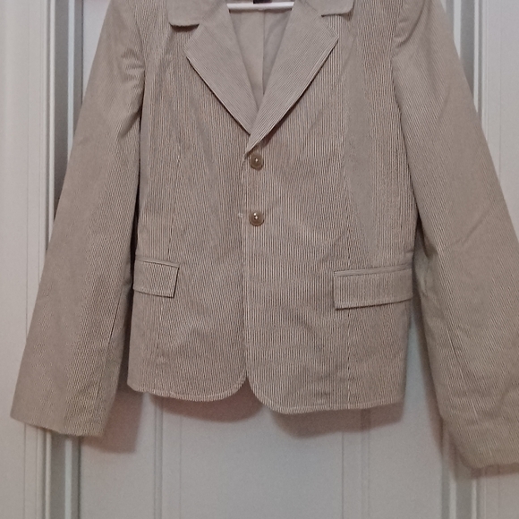 Attention beige striped, button front, long sleeve, lined jacket. Size 14. - Picture 1 of 6